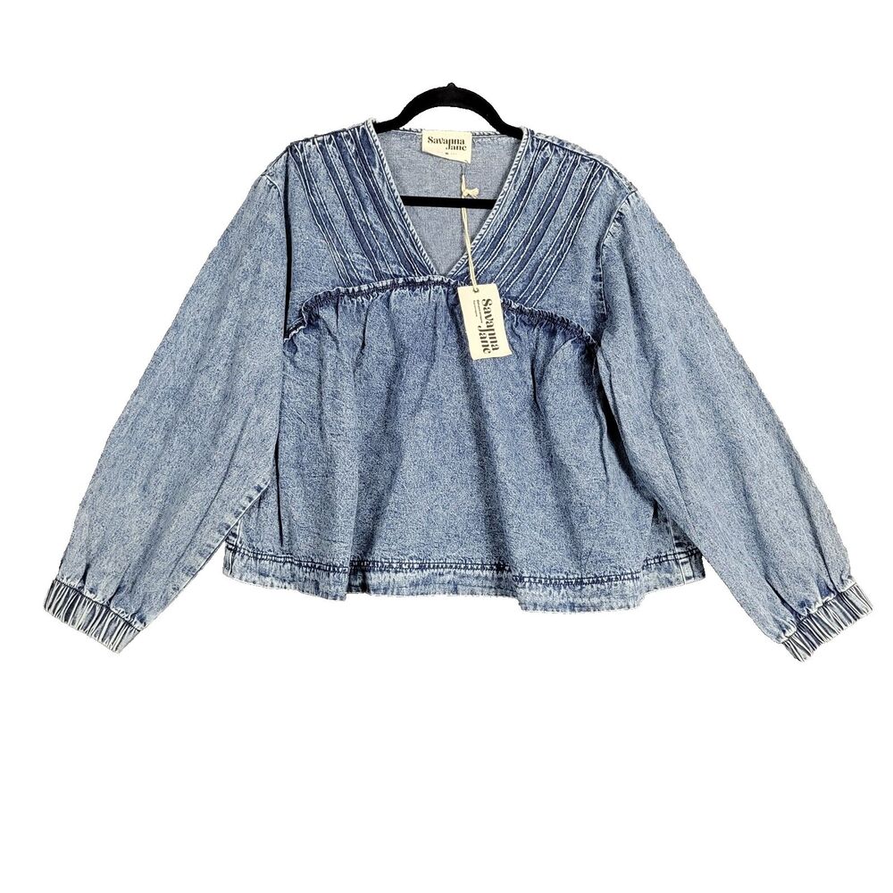 SAVANNA JANE Blue Denim Pullover Top Boho Casual Western Country SIZE MEDIUM